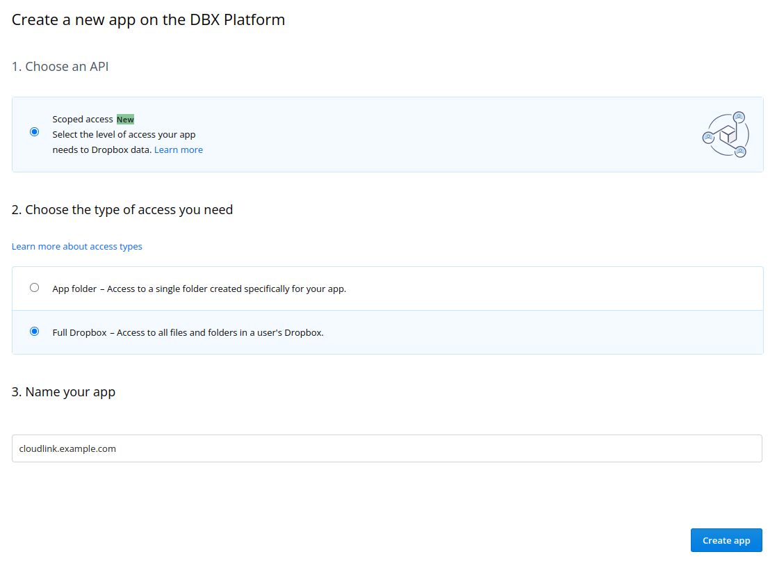 Dropbox create app